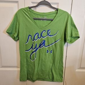 Under Armour Lime Green Short Sleeve Tee with Blue 'race ya' Script